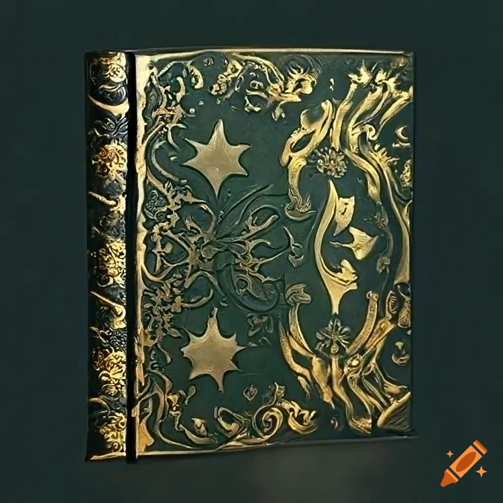 Dark green leather book with celestial motifs of stars and angels