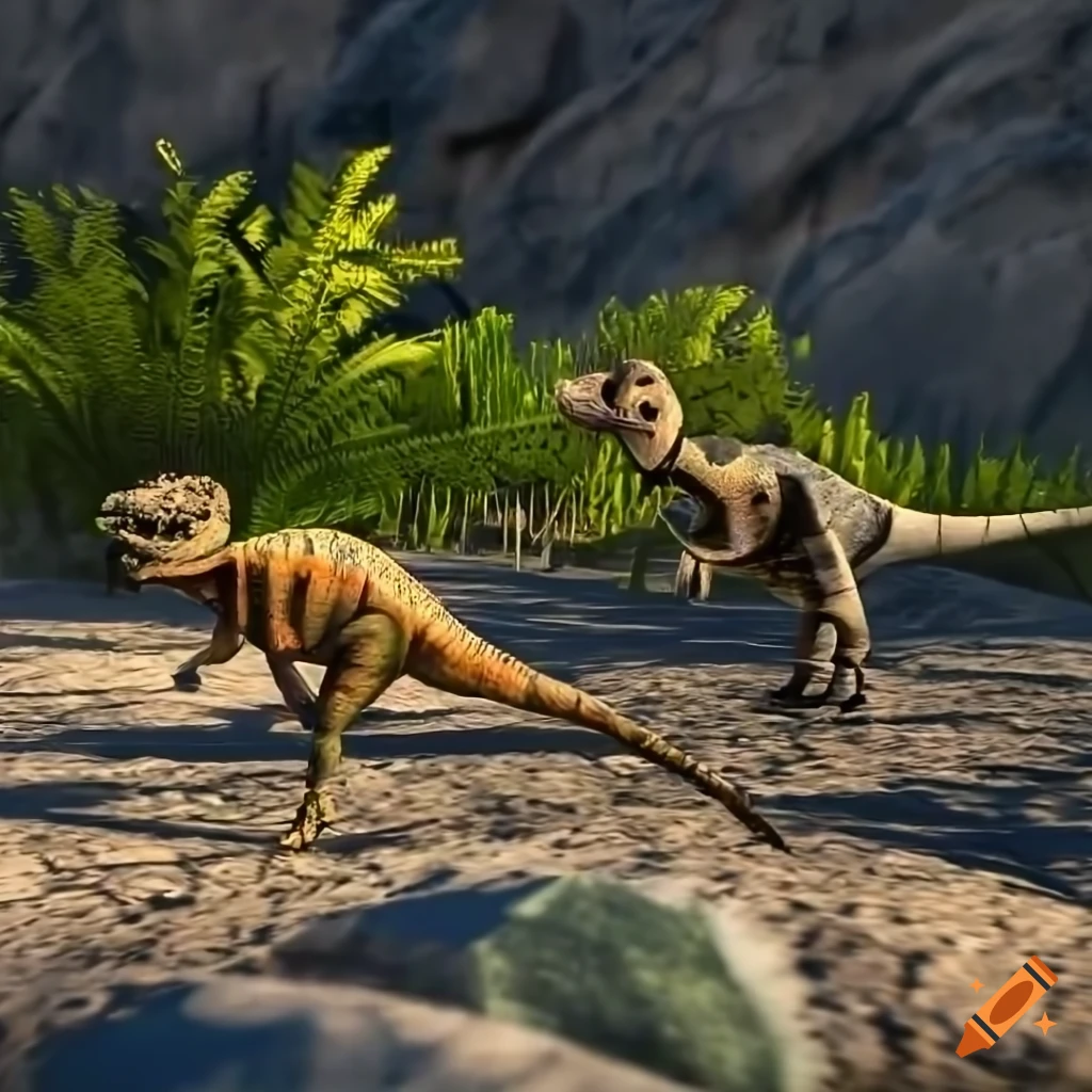 Pachycephalosaurus walking on rocky outcrop in warm morning light