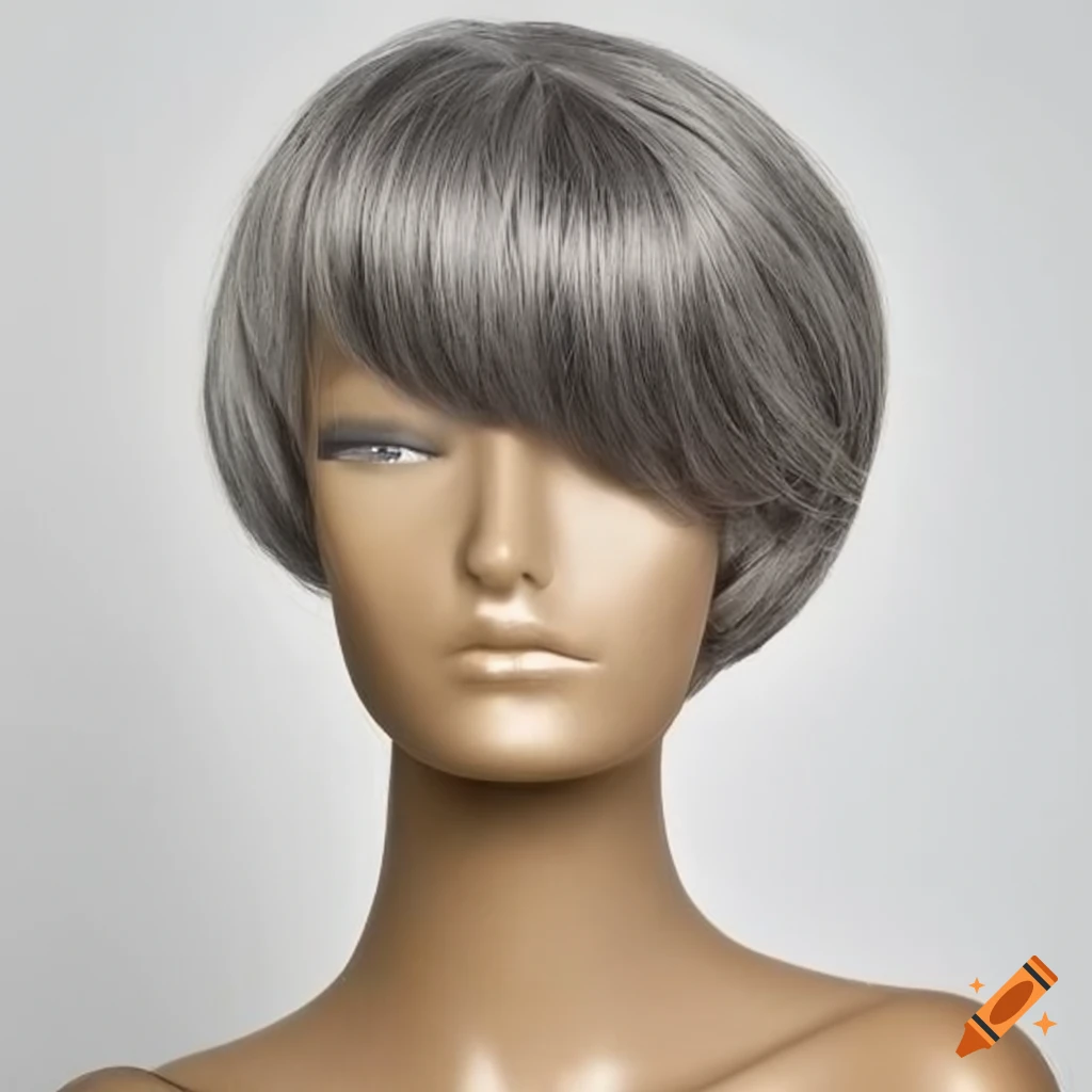 Gray curved side wig on a mannequin