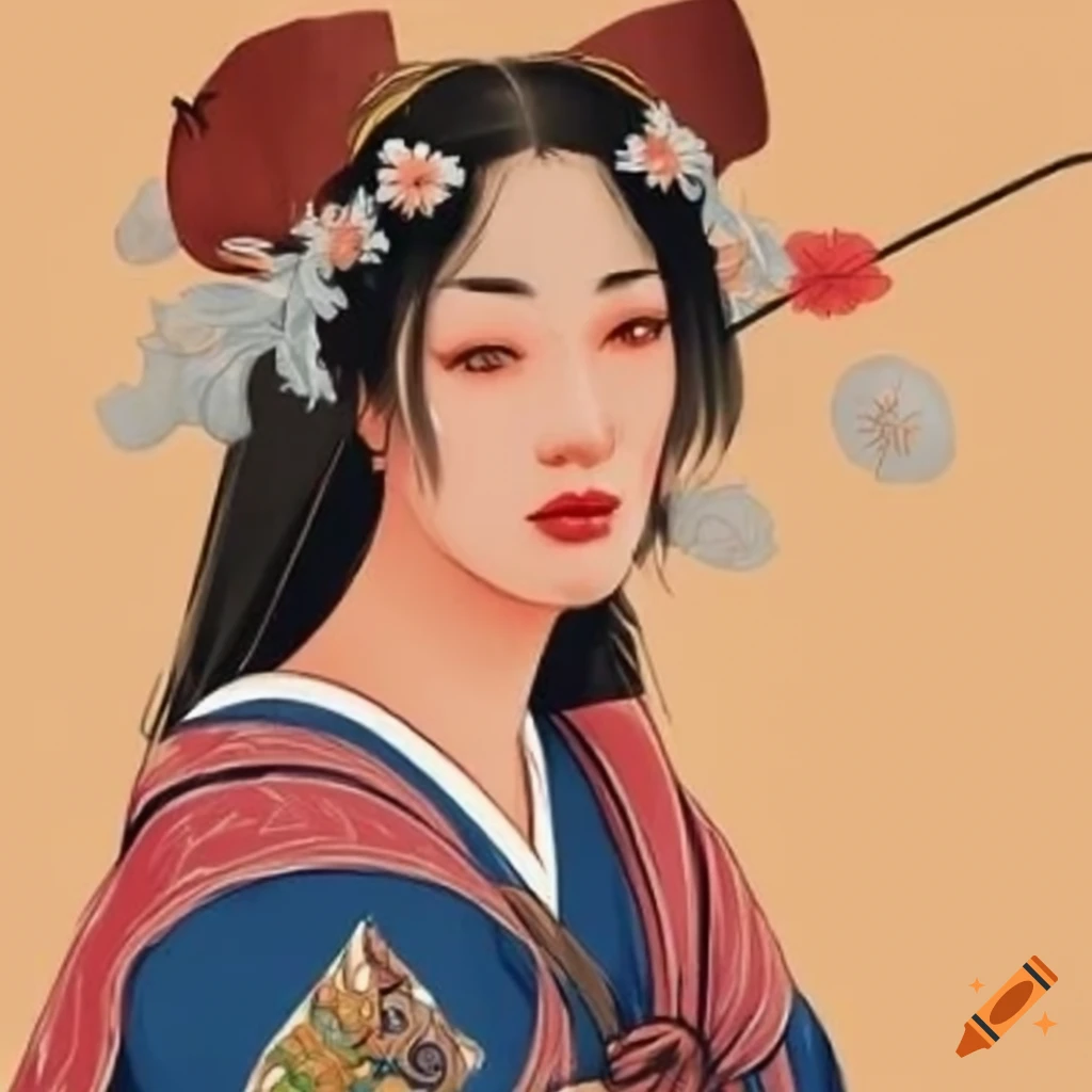 Japanese Tarot card featuring a beautiful woman with an elegant cat, line drawing