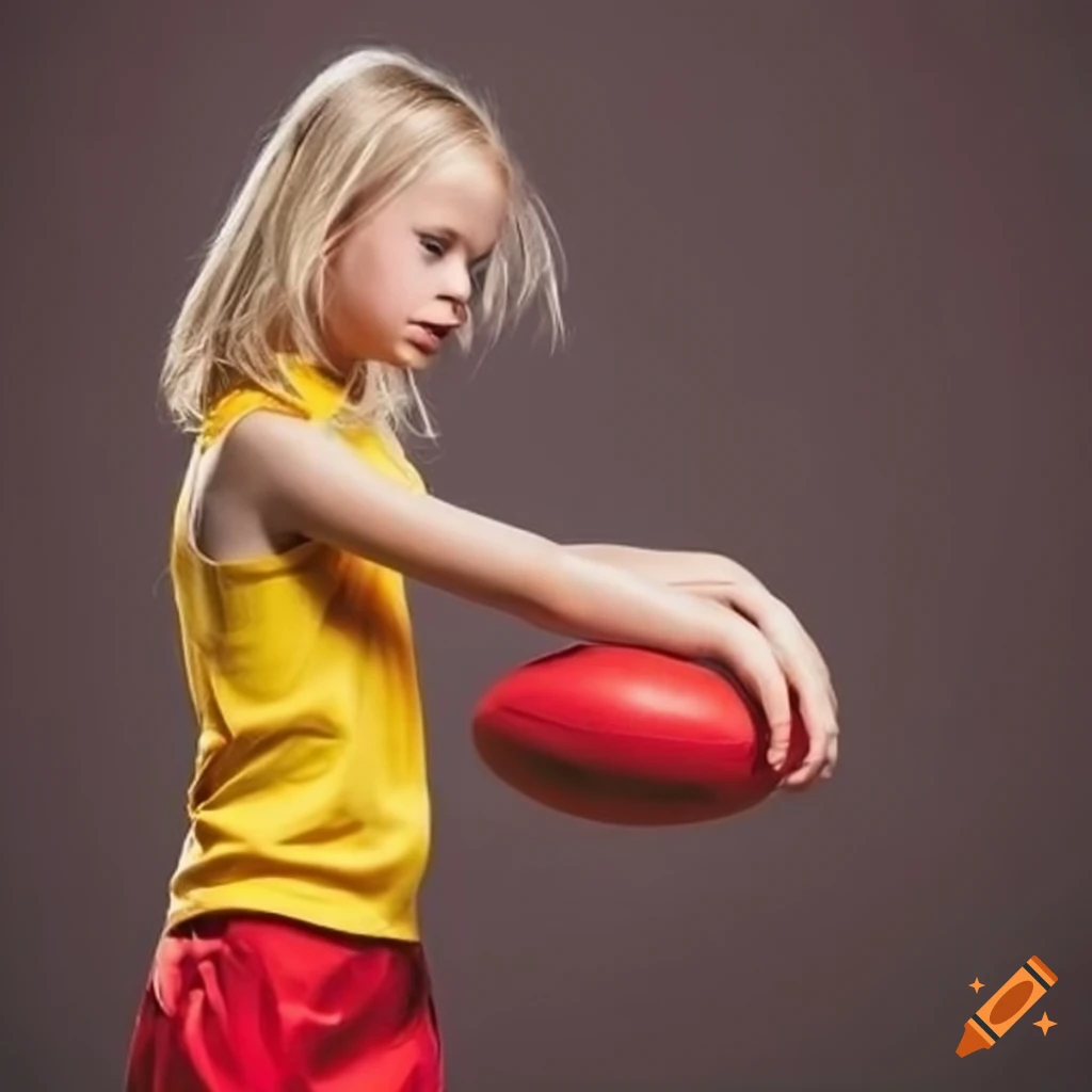Blonde girl playing AFL in yellow and red uniform
