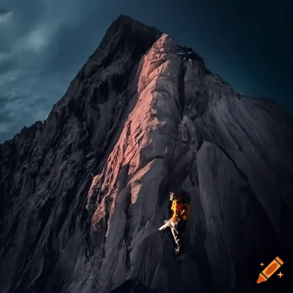 Determined climber ascending a challenging mountain
