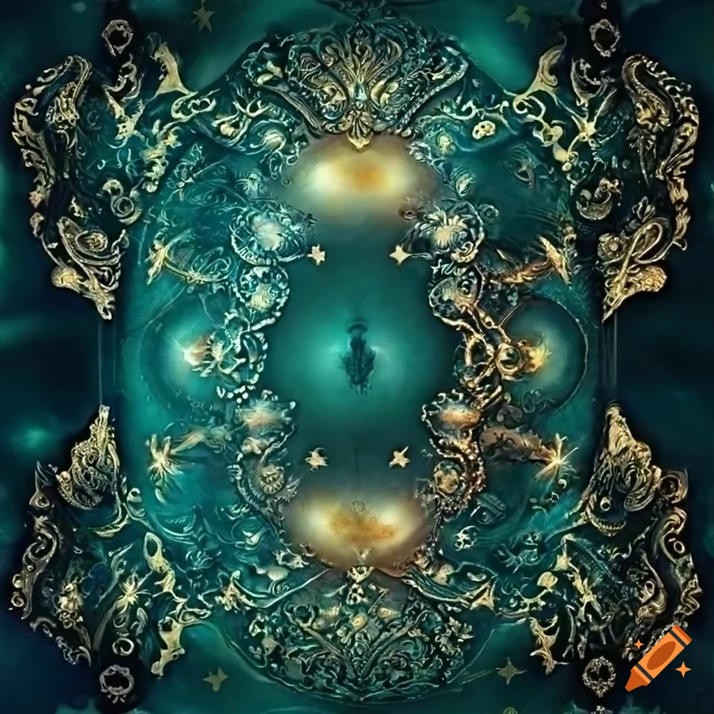 Intricately embossed deep green leather book with celestial motifs
