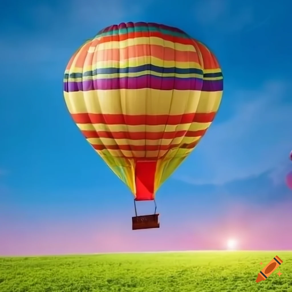 Colorful hot air balloon with people heading towards the sun in the blue sky