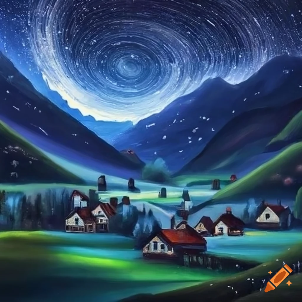 Village surrounded by rolling hills under a starry night sky on Craiyon