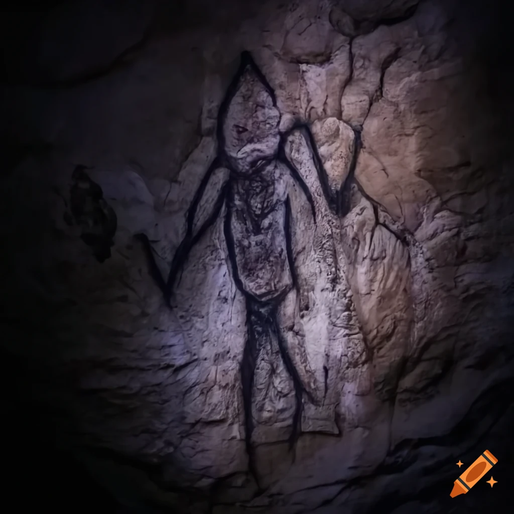 Cave drawing of a god-like being with multiple hands and worshippers