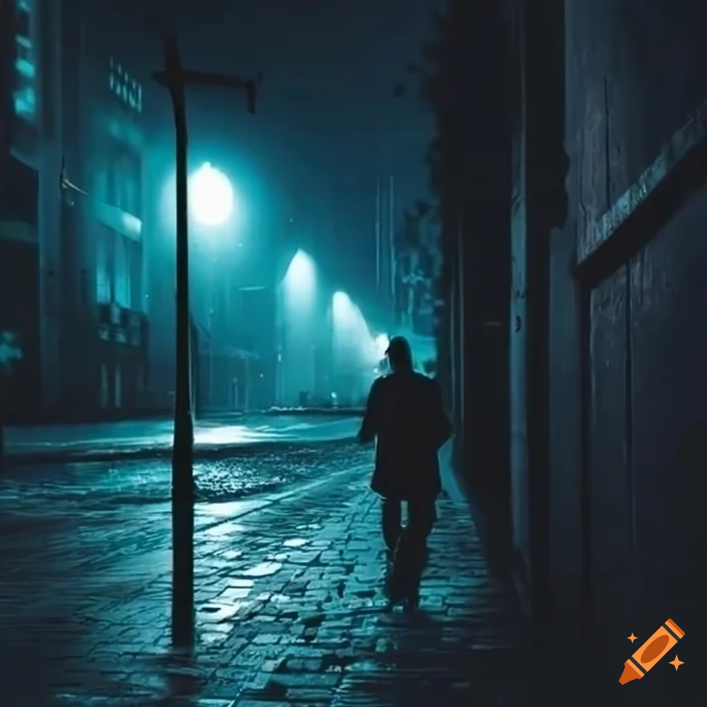 Man walking alone on city streets at night