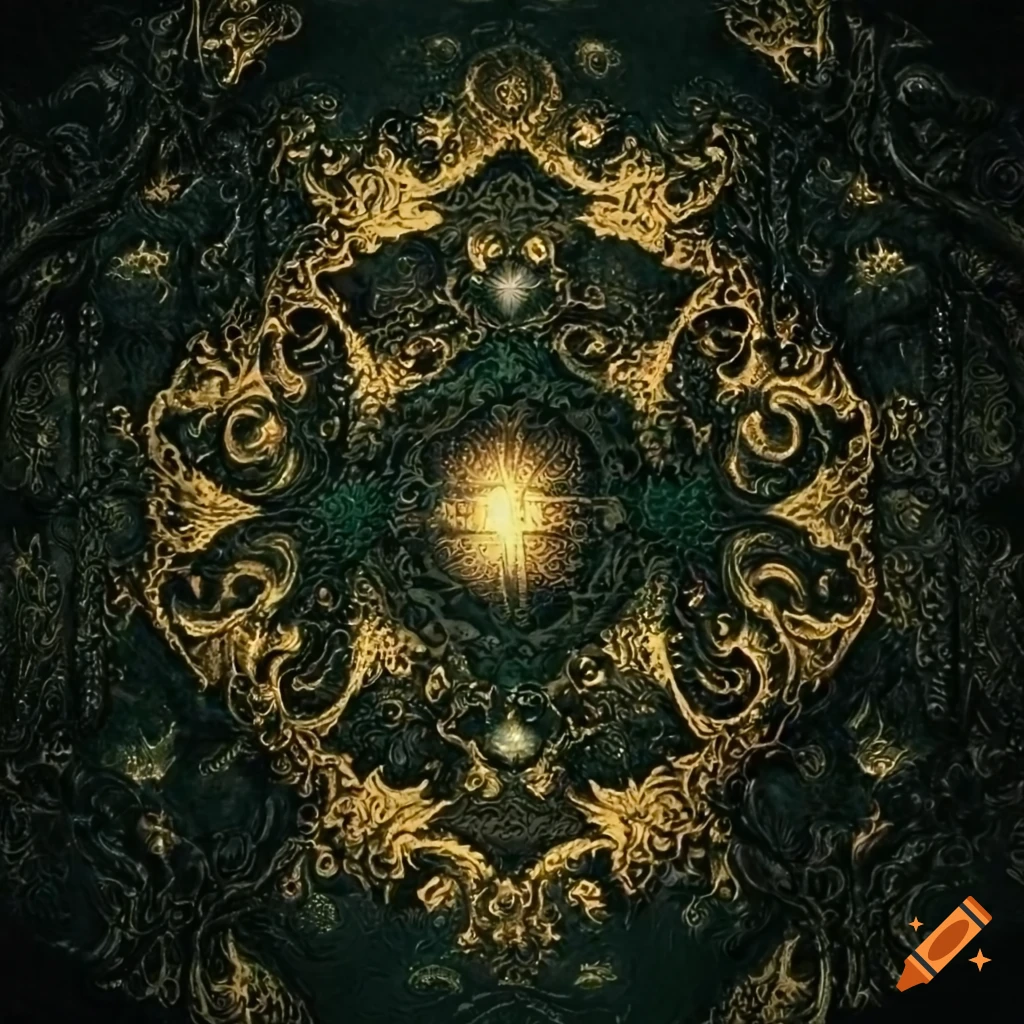 Intricately embossed celestial-themed dark green and black leather book