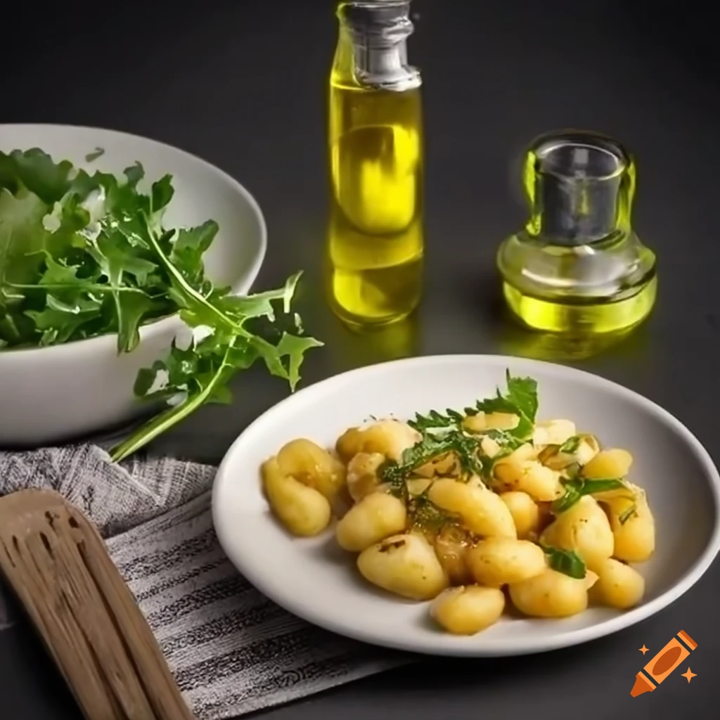 Fried salted gnocchi with fresh arugula and olive oil on Craiyon