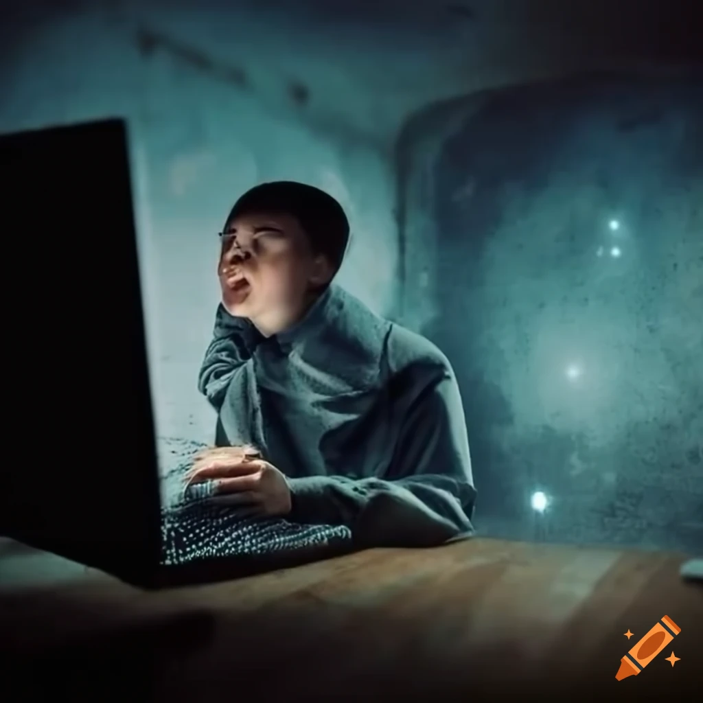 Person sitting in a basement staring at a monitor on Craiyon