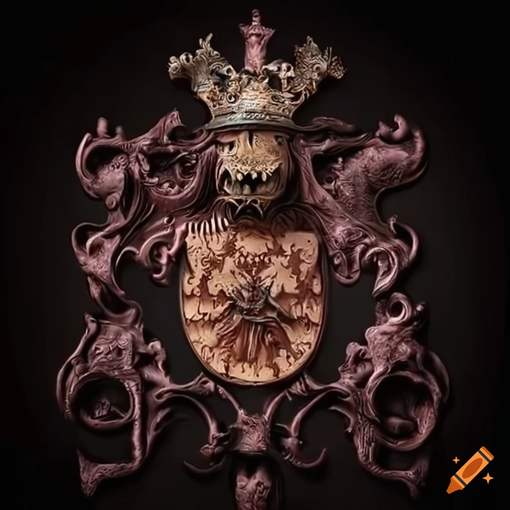 Intricate gothic vampiric coat of arms with a giant scrumptious pancake in the center