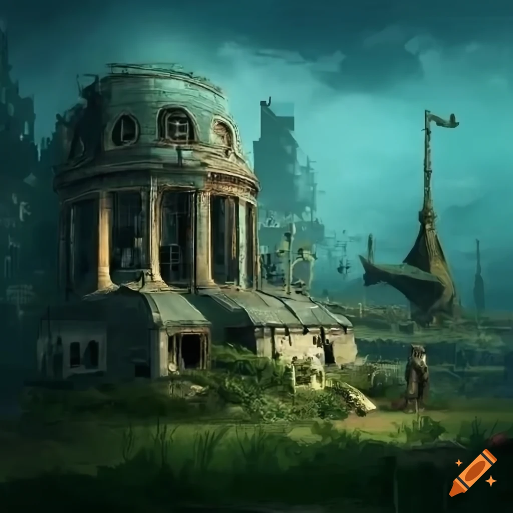 Postapocalyptic futuristic setting with lush garden and elegant