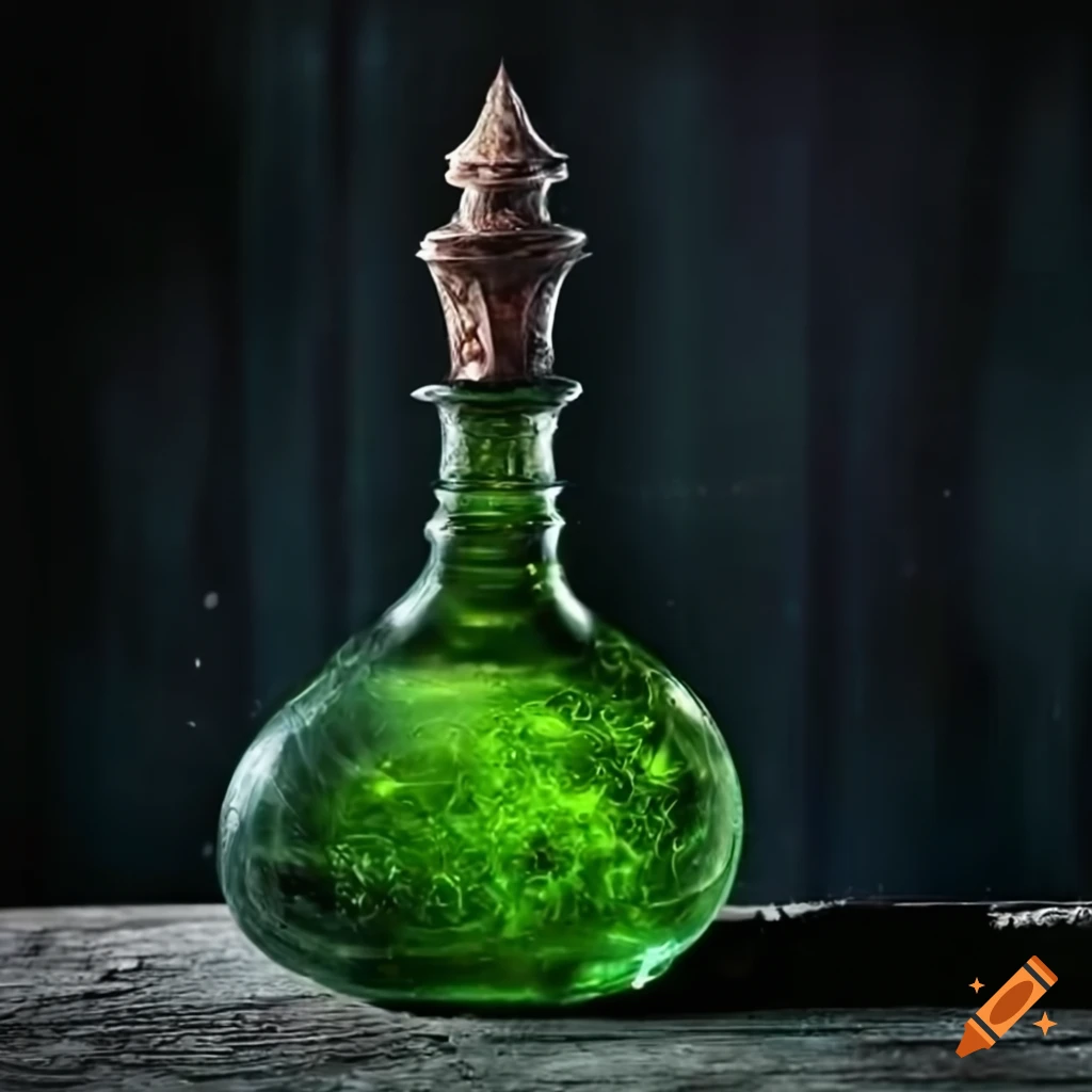 Half empty alchemist's green transparent flask on old table background