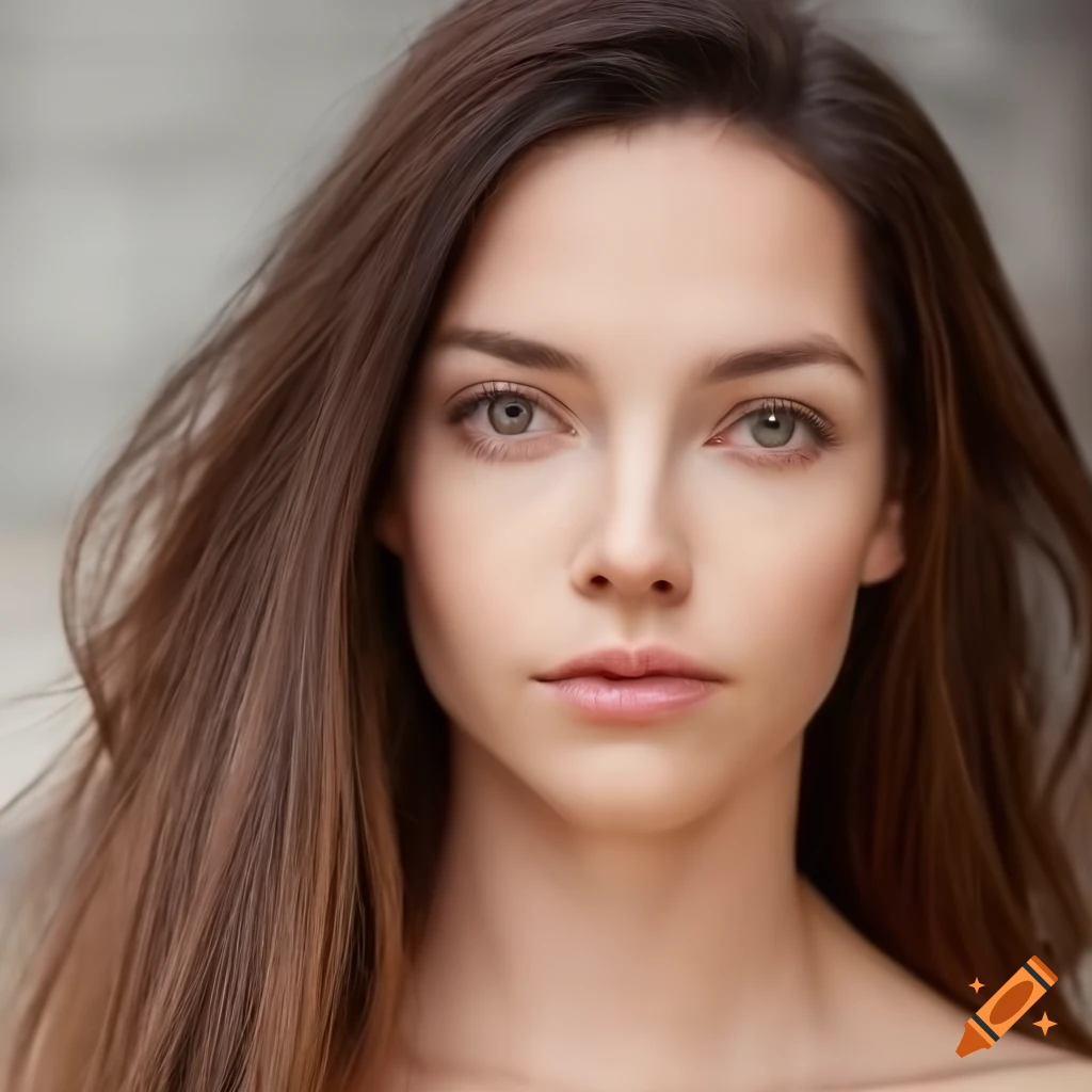 Beautiful 25 year old woman with light brown hair and brown eyes in a serious pose