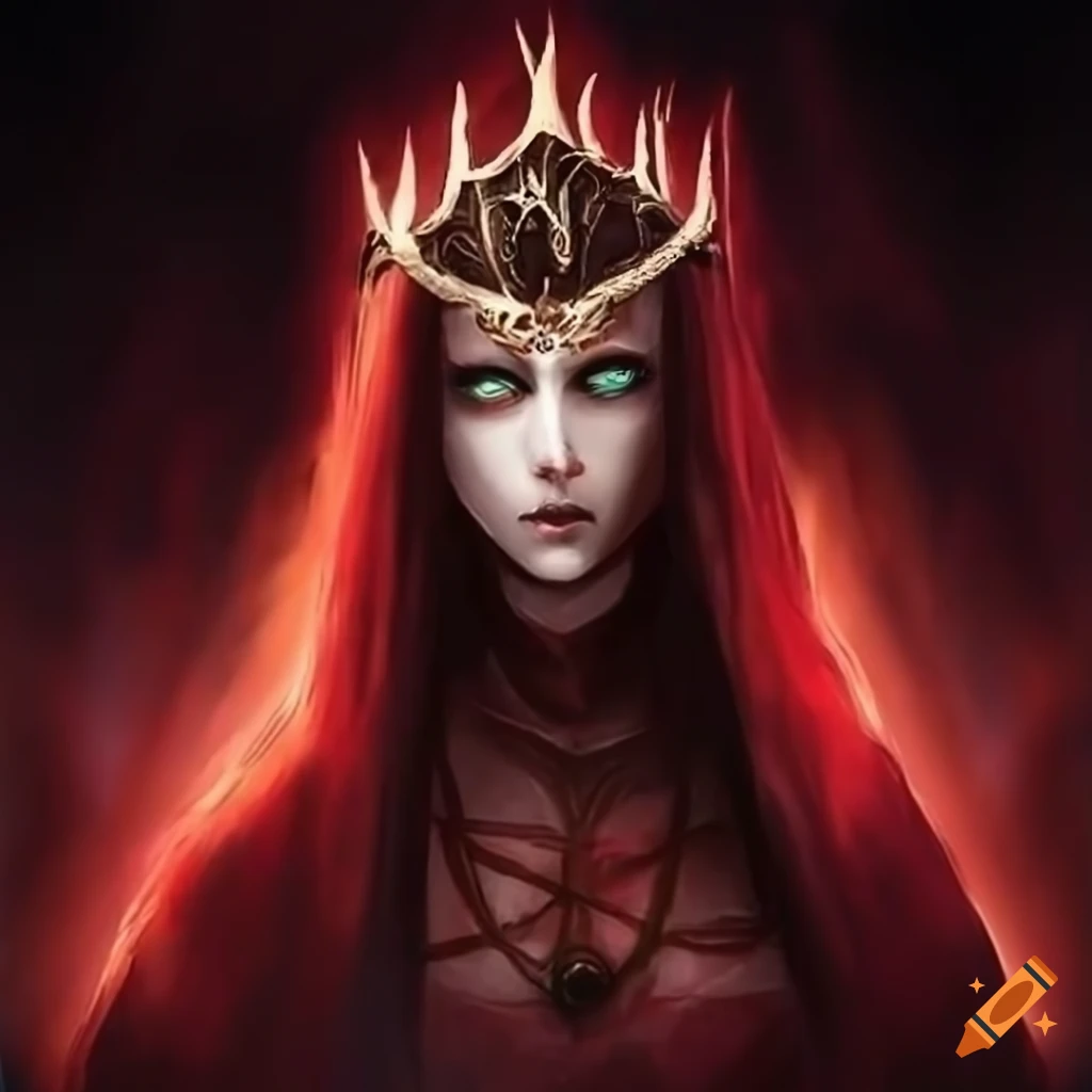 Magician goddess queen in red robes with eldritch crown in a dark fantasy setting
