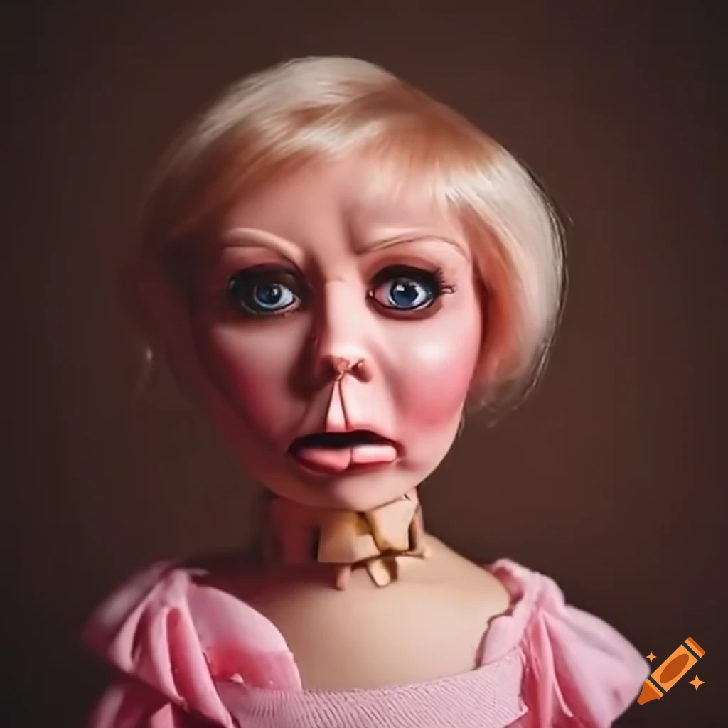 Lindsey graham ventriloquist dummy doll in a pink dress with a martini