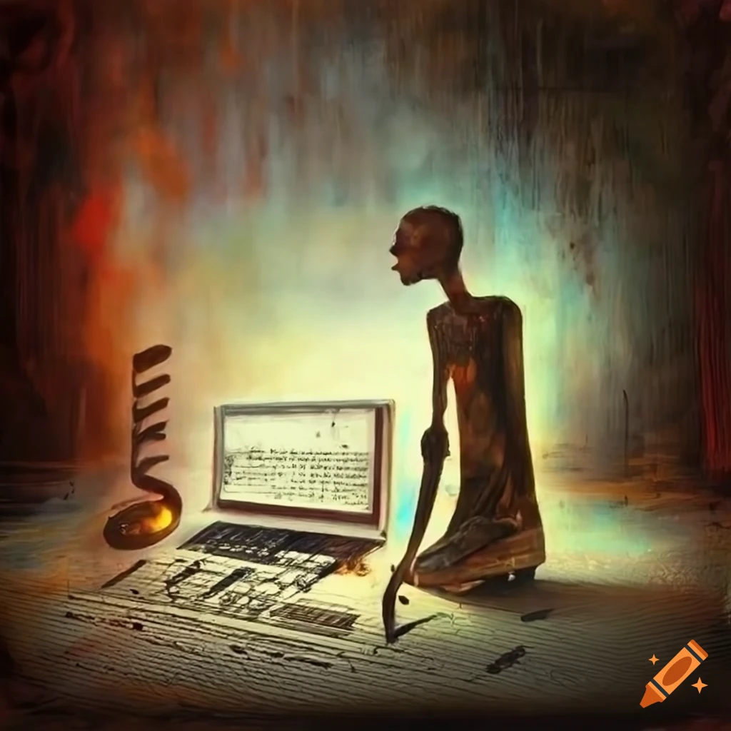 Surreal painting of computer error messages and sheet music on craiyon