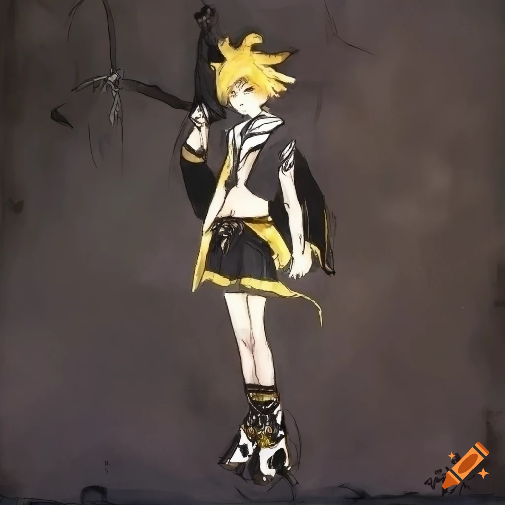 Kagamine Len full-length portrait in Final Fantasy concept art by Yoshitaka Amano