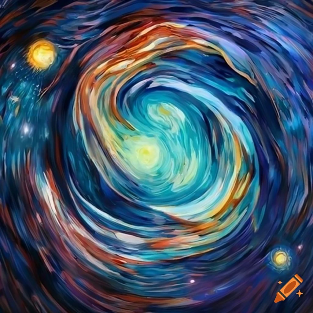 Beautiful alien planet with swirls in a Van Gogh style under dual star clusters