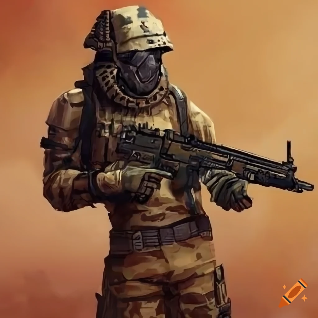 Post-apocalyptic soldier in 70s retro-futuristic desert camouflage