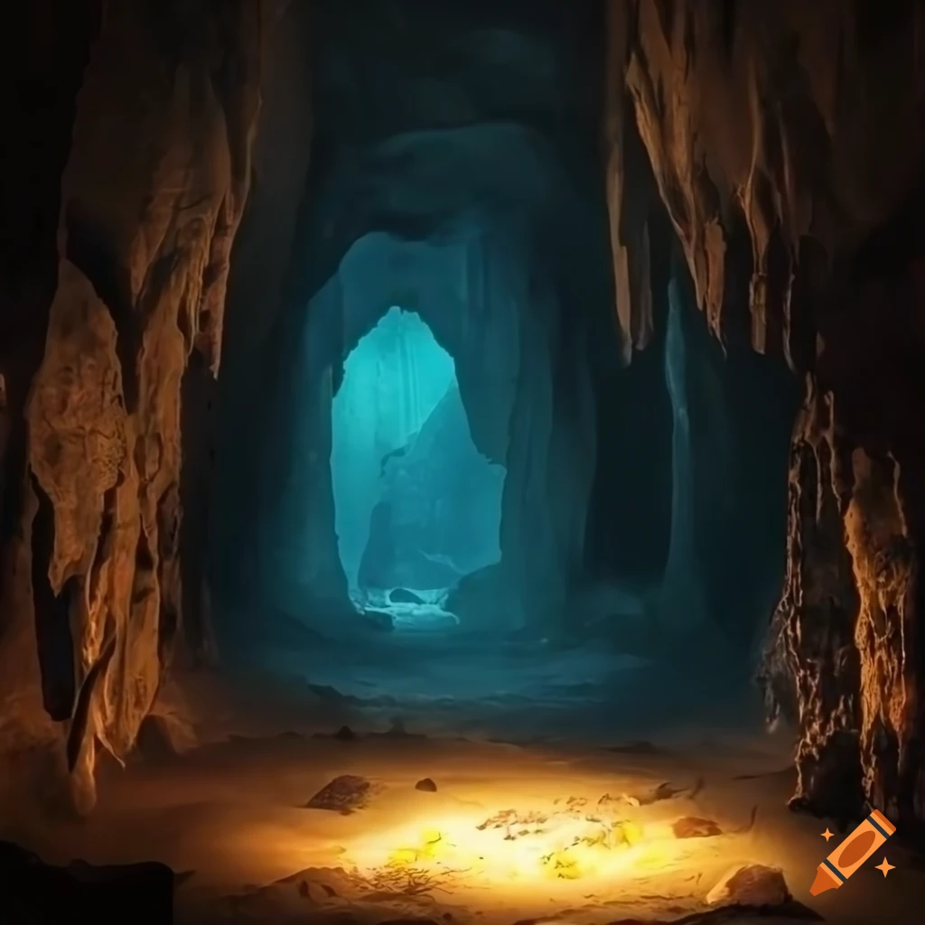 Dark cave with sparkling ore deposits and gems in the walls