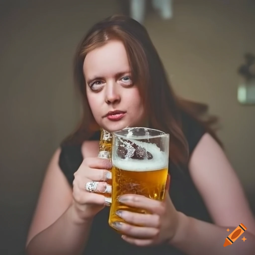 Smiling woman enjoying a glass of beer on Craiyon