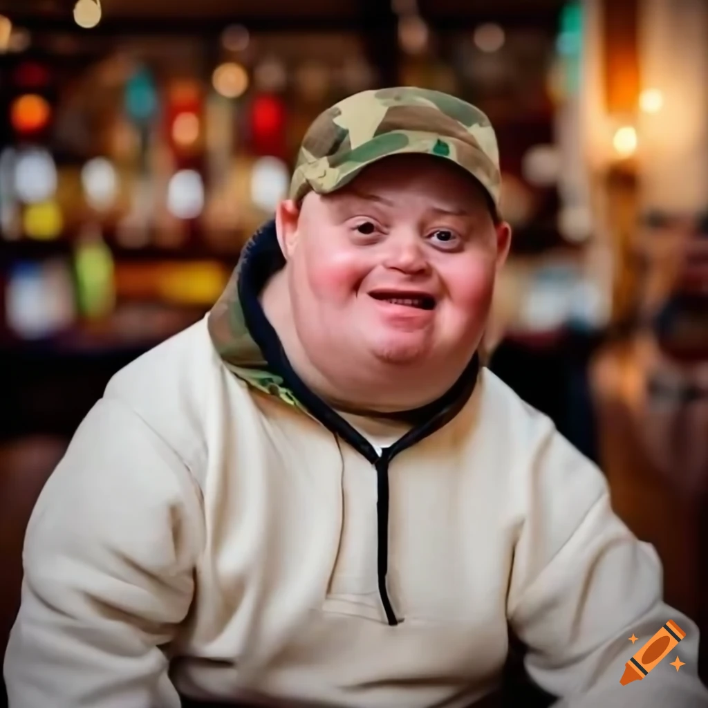  Smiling man in cap and hoodie sitting at a bar on Craiyon