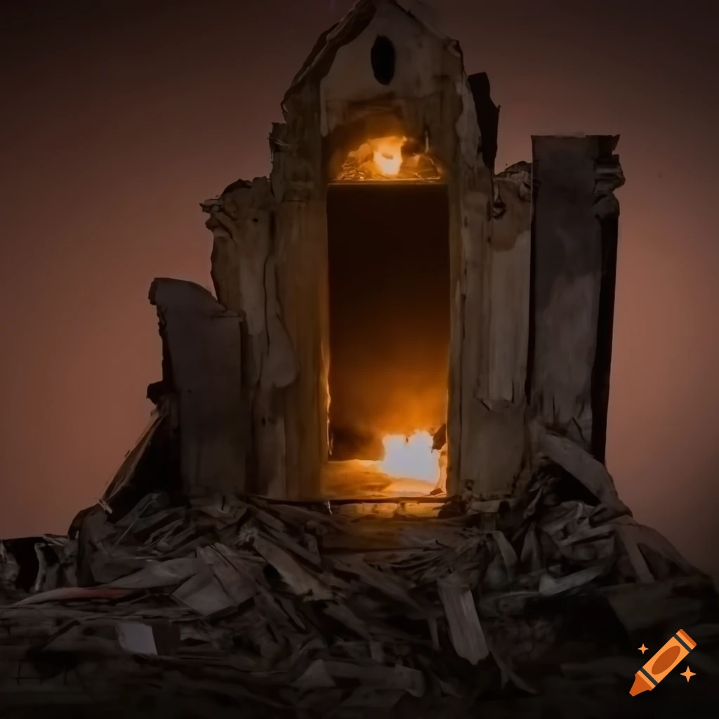 Desolated altar caught up in junk garbage in a destroyed landscape