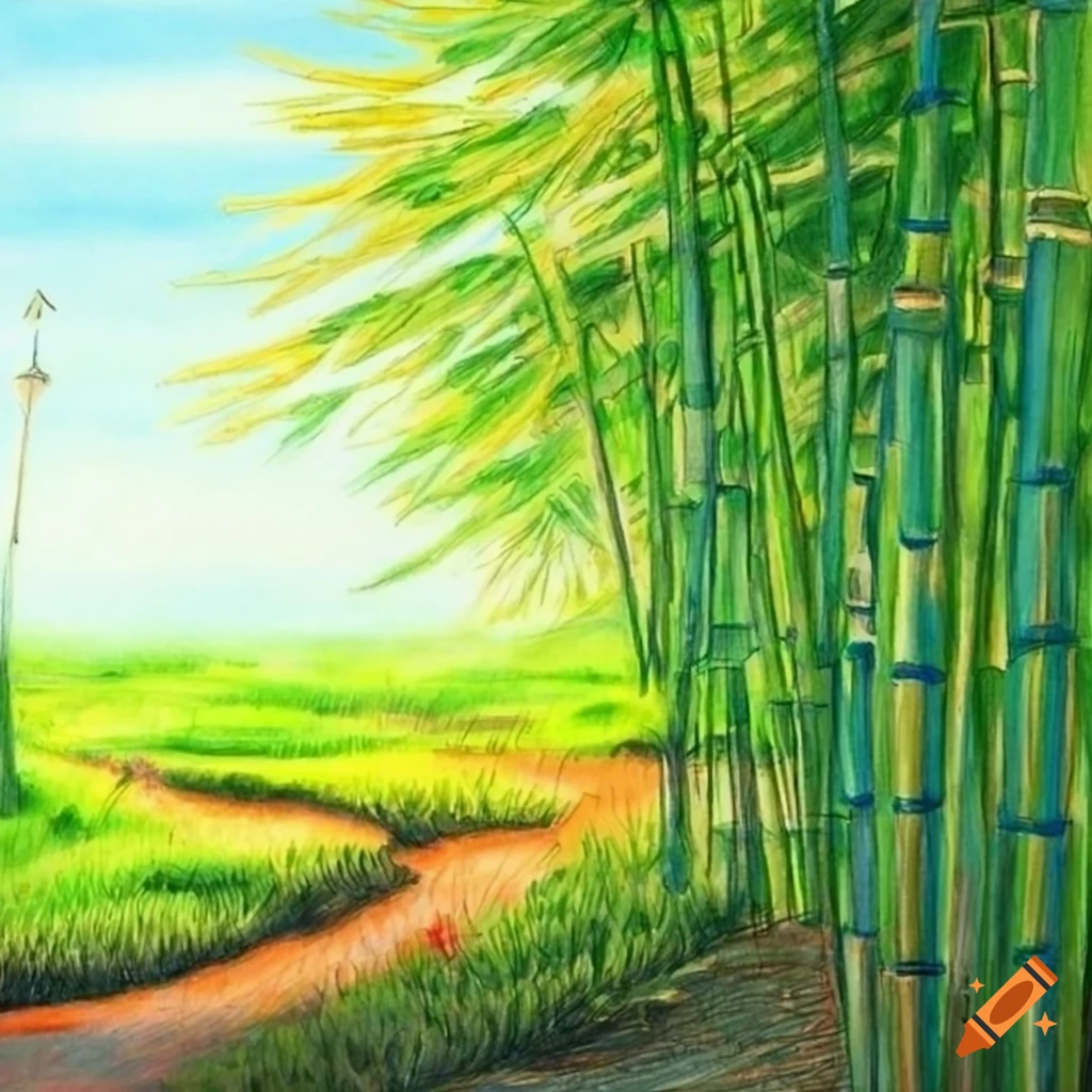 Color pencil drawing of a bamboo grove next to a house on Craiyon