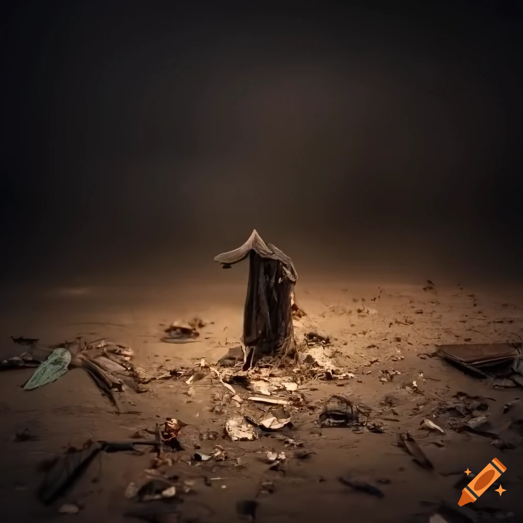 Desolated figure caught in web of junk garbage in a destroyed landscape