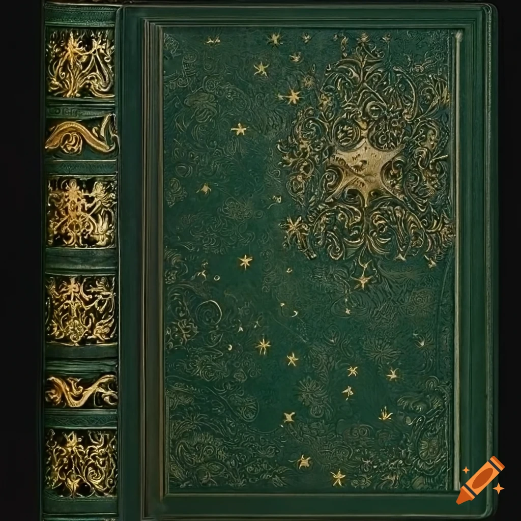Intricately embossed deep green leather book with celestial motifs