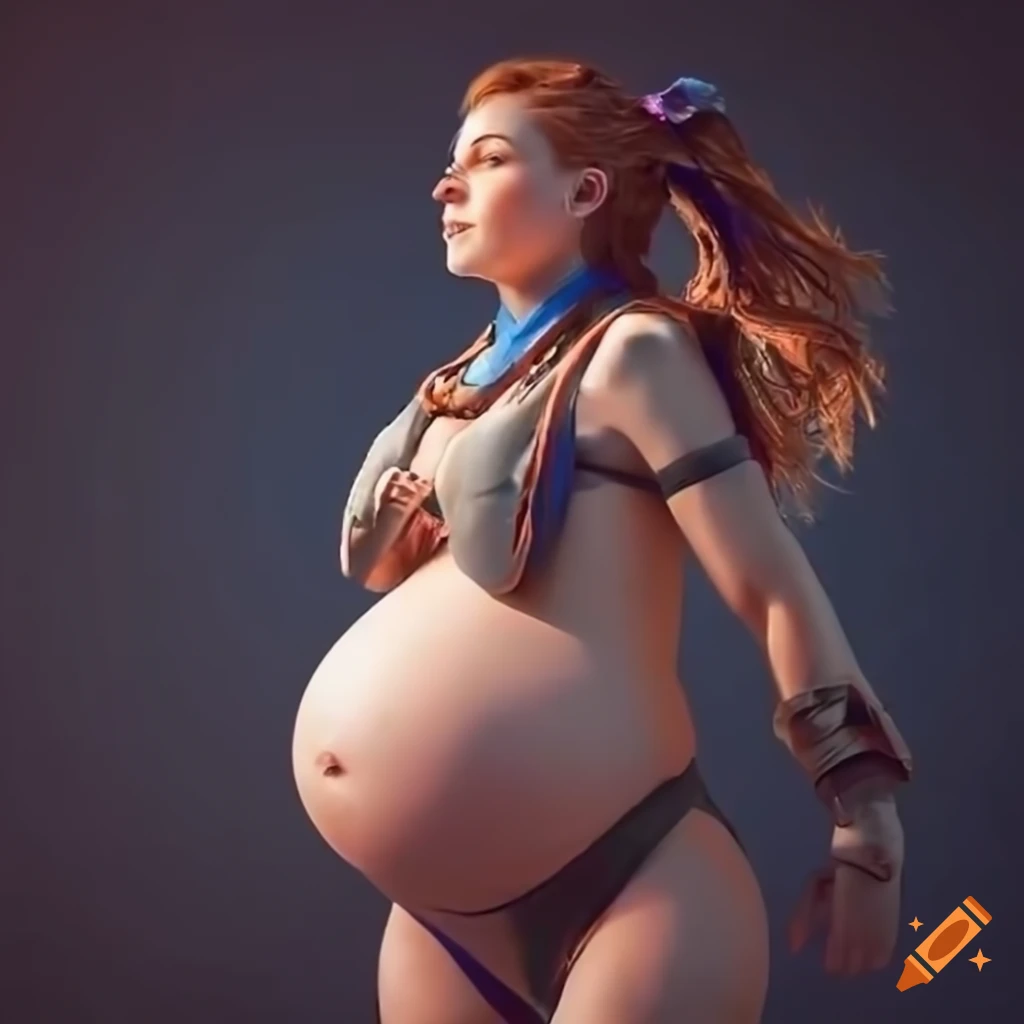 Aloy wearing a dark one piece swimsuit with a giant inflated pregnant belly