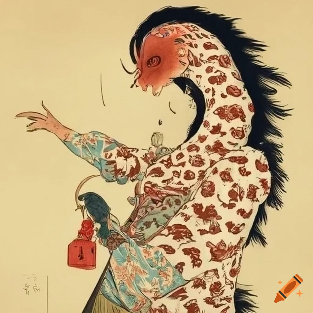 Ukiyo-e artwork of a humanoid animal from Japanese folklore