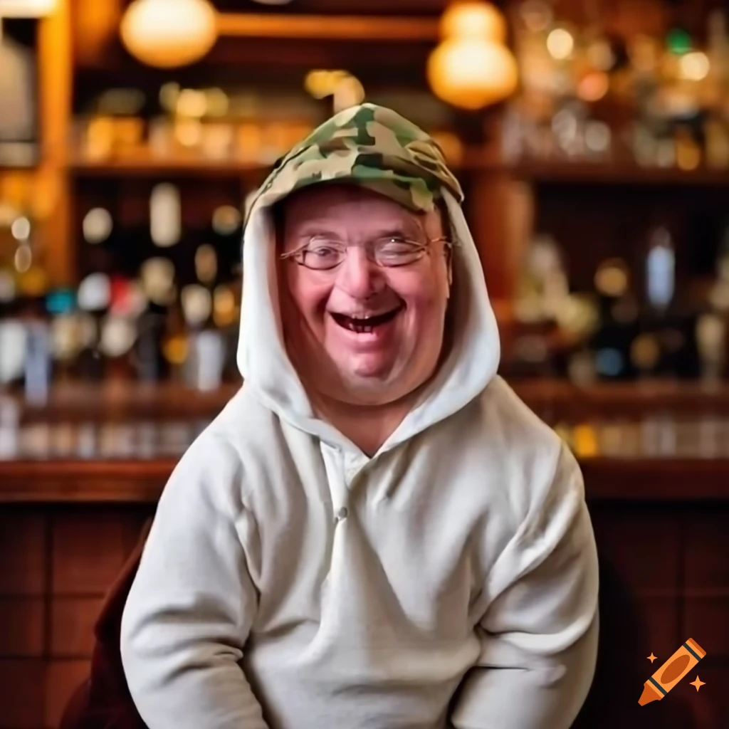  Smiling man wearing a cap and hoodie sitting at a bar on Craiyon