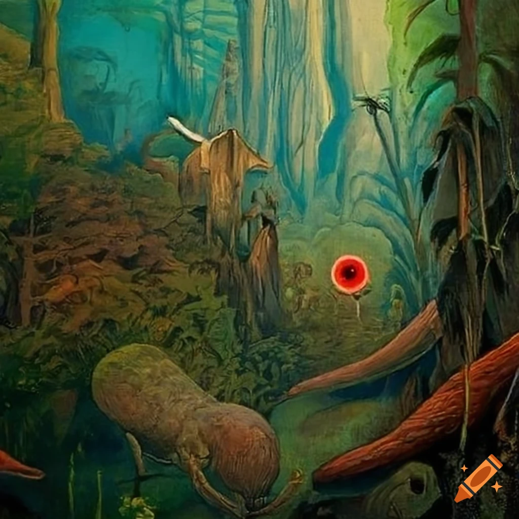 Wide angle panorama of a fantasy jungle landscape with creatures by ...