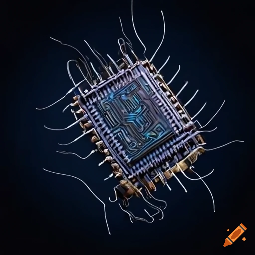 Dystopian microchip with dangling wires on Craiyon
