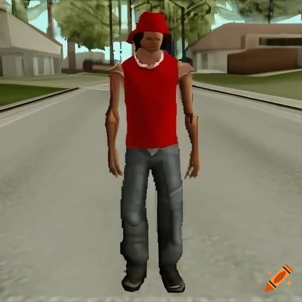 Character wearing a red bucket hat in gta san andreas on Craiyon