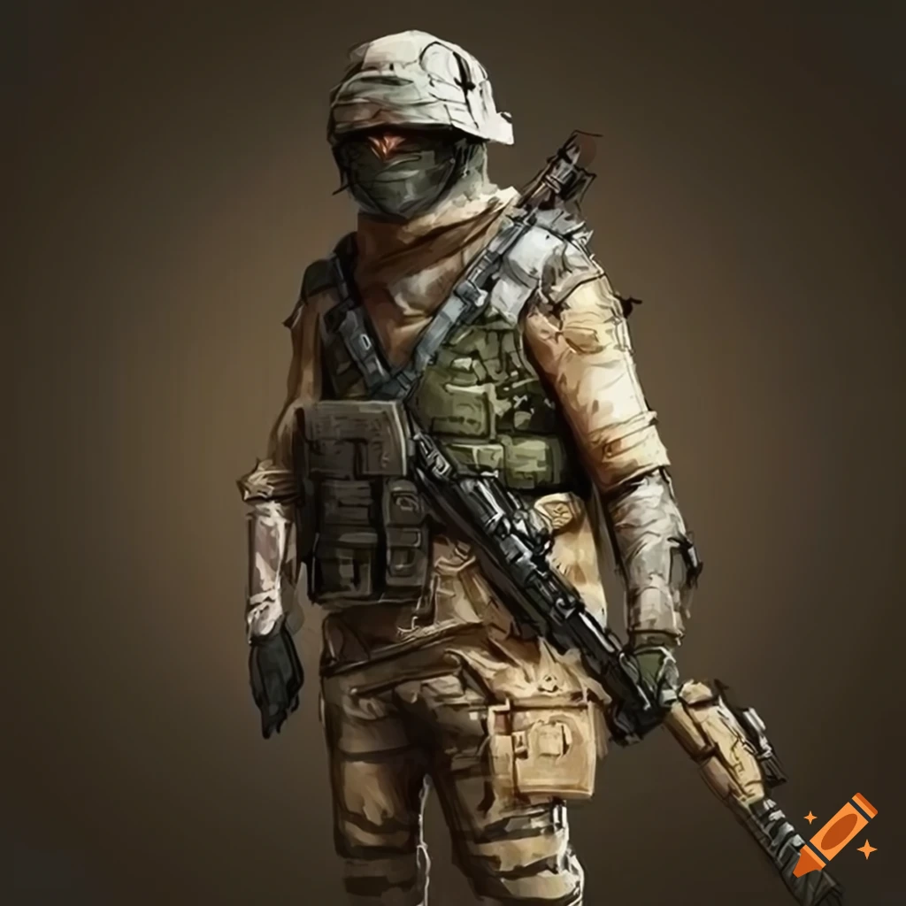 Post-apocalyptic retro-futuristic soldier in desert camouflage on Craiyon