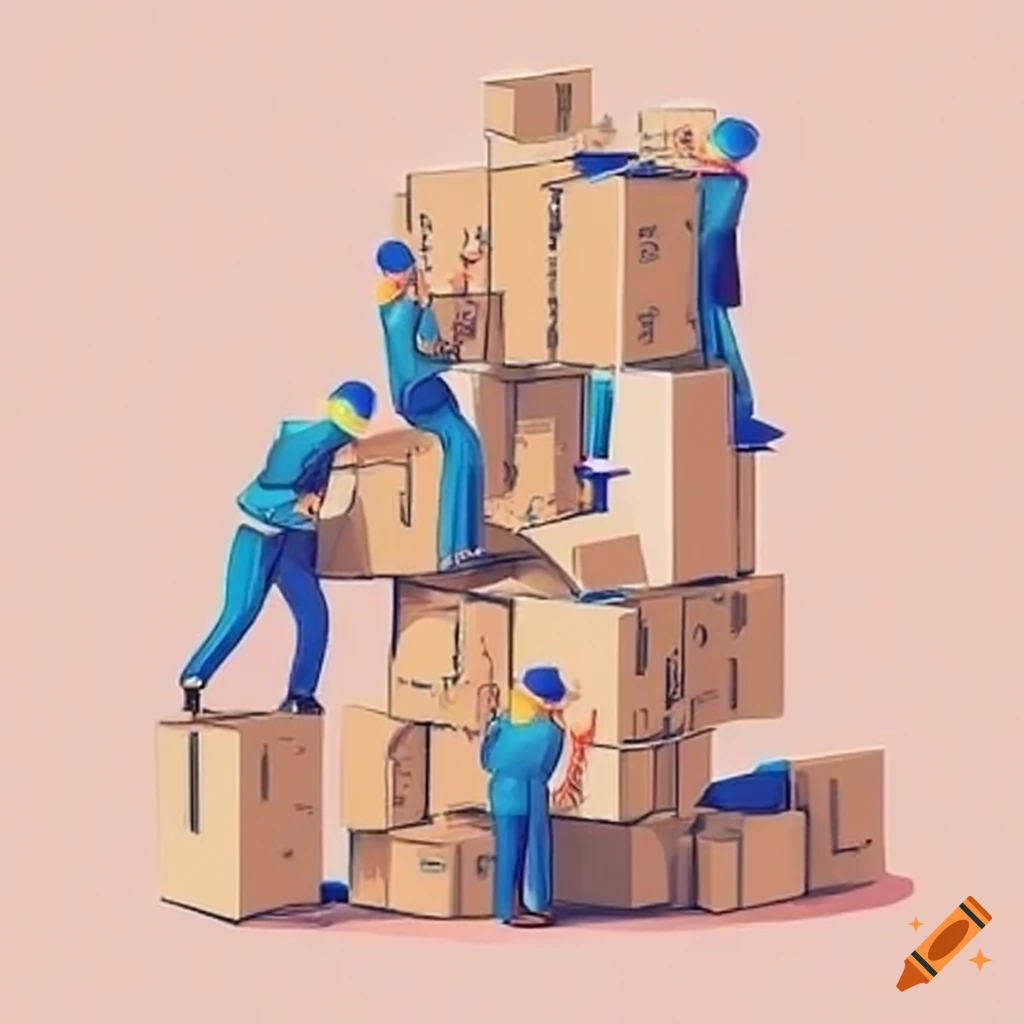 Operators inspecting disorganized stacked boxes