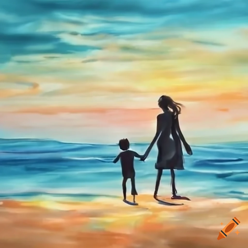 Mother and children walking on the beach on Craiyon