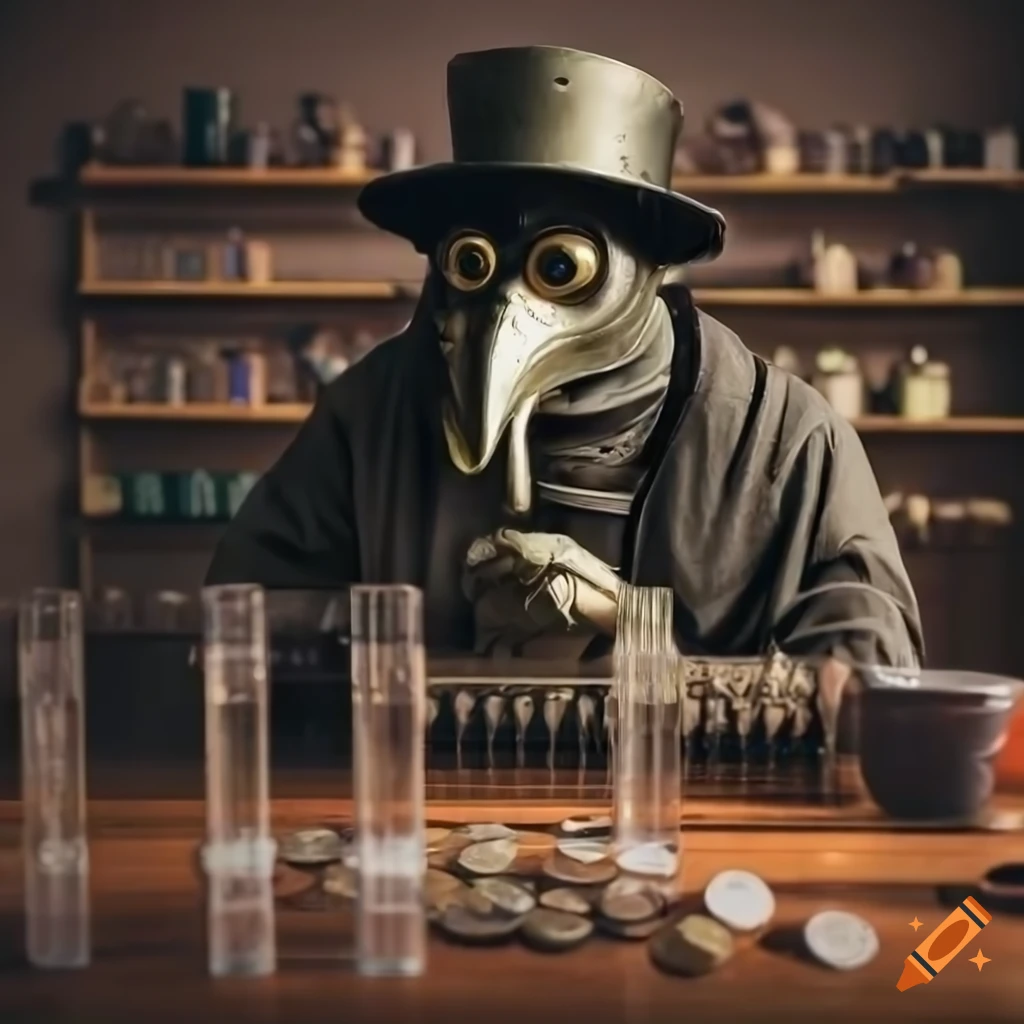 Plague doctor sitting at a desk with test tubes and vials, counting coins
