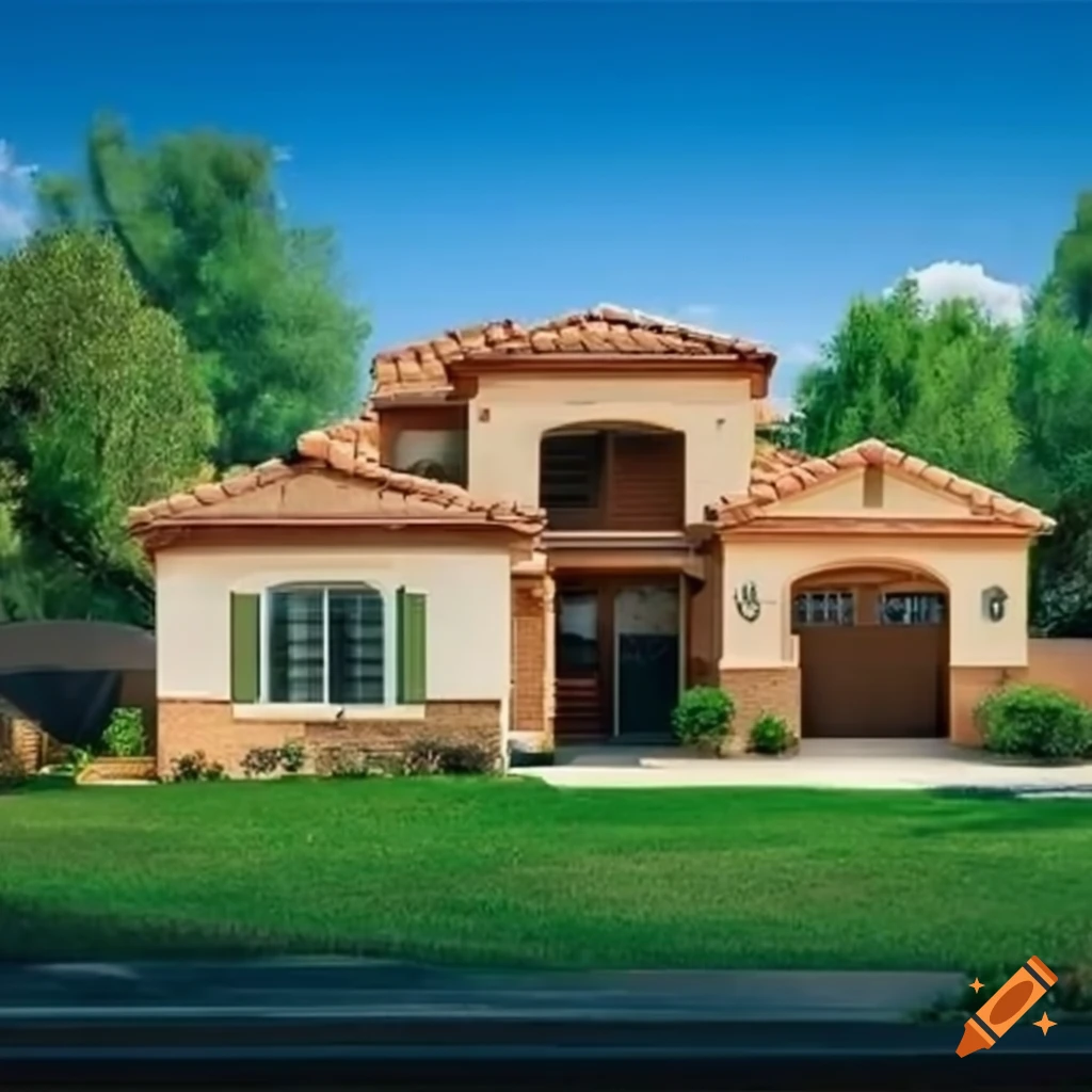 Front View Of A One story House With A 3 car Garage In A Green Setting 