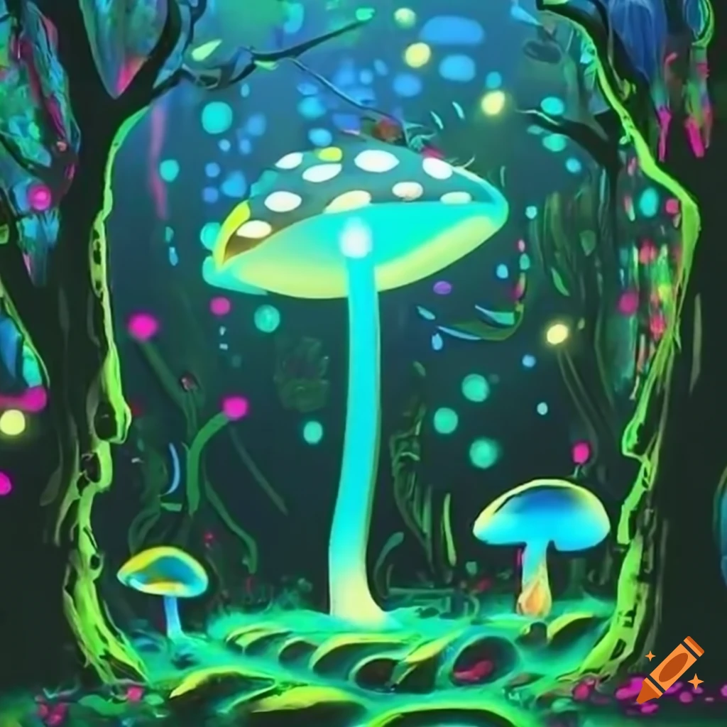Vibrant magic mushroom forest with neon colors glowing in the dark on ...