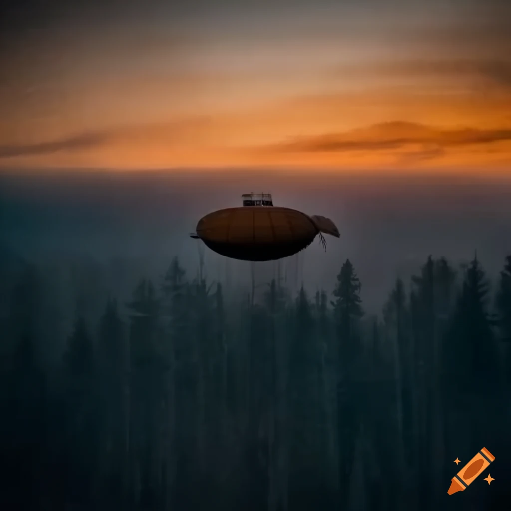 Old flying airship over a deserted forest landscape