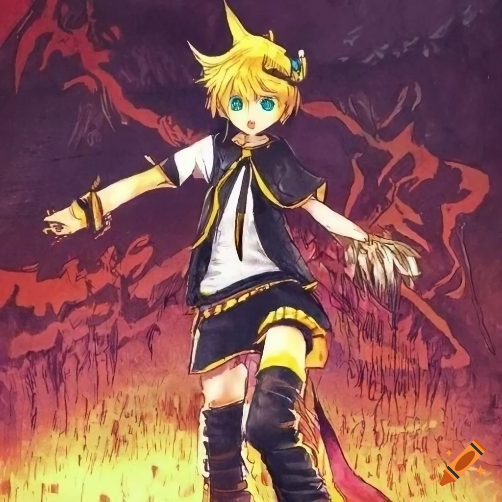 Kagamine Len full-length portrait in the style of Berserk by Kentaro Miura