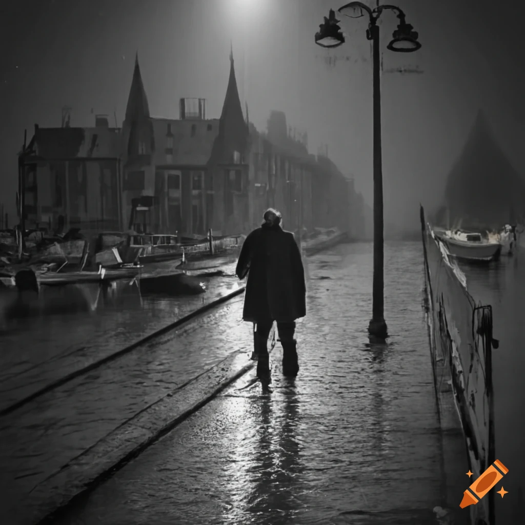 Man walking by the port during early night in South France