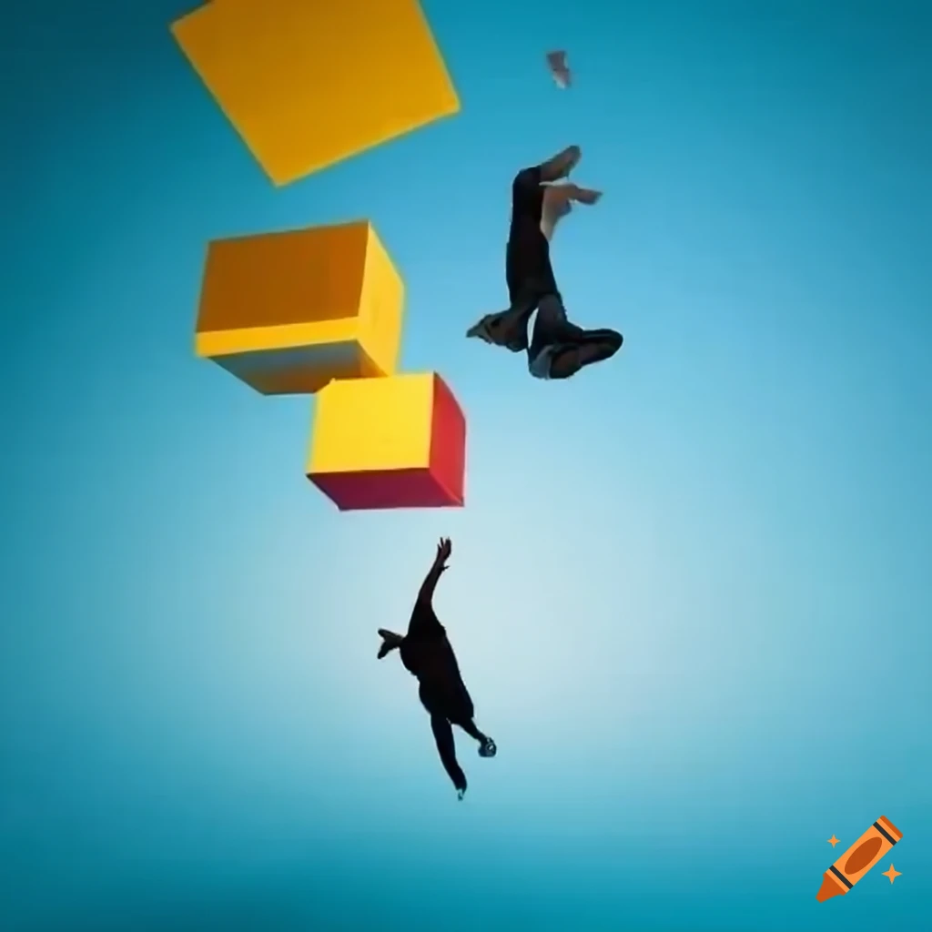 Two people jumping on colored suspended blocks on Craiyon