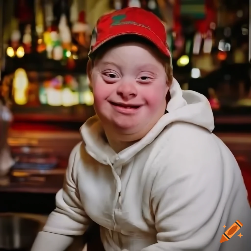 Portrait Of A Smiling Man With Downs Syndrome In A Festive Bar Scene