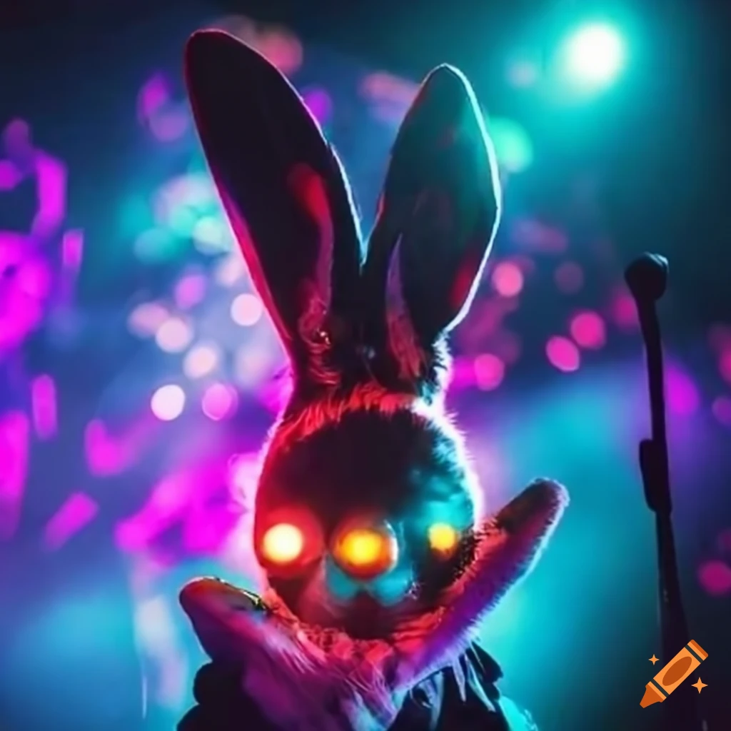 Energizer bunny on stage with lots of electricity at a rave on Craiyon