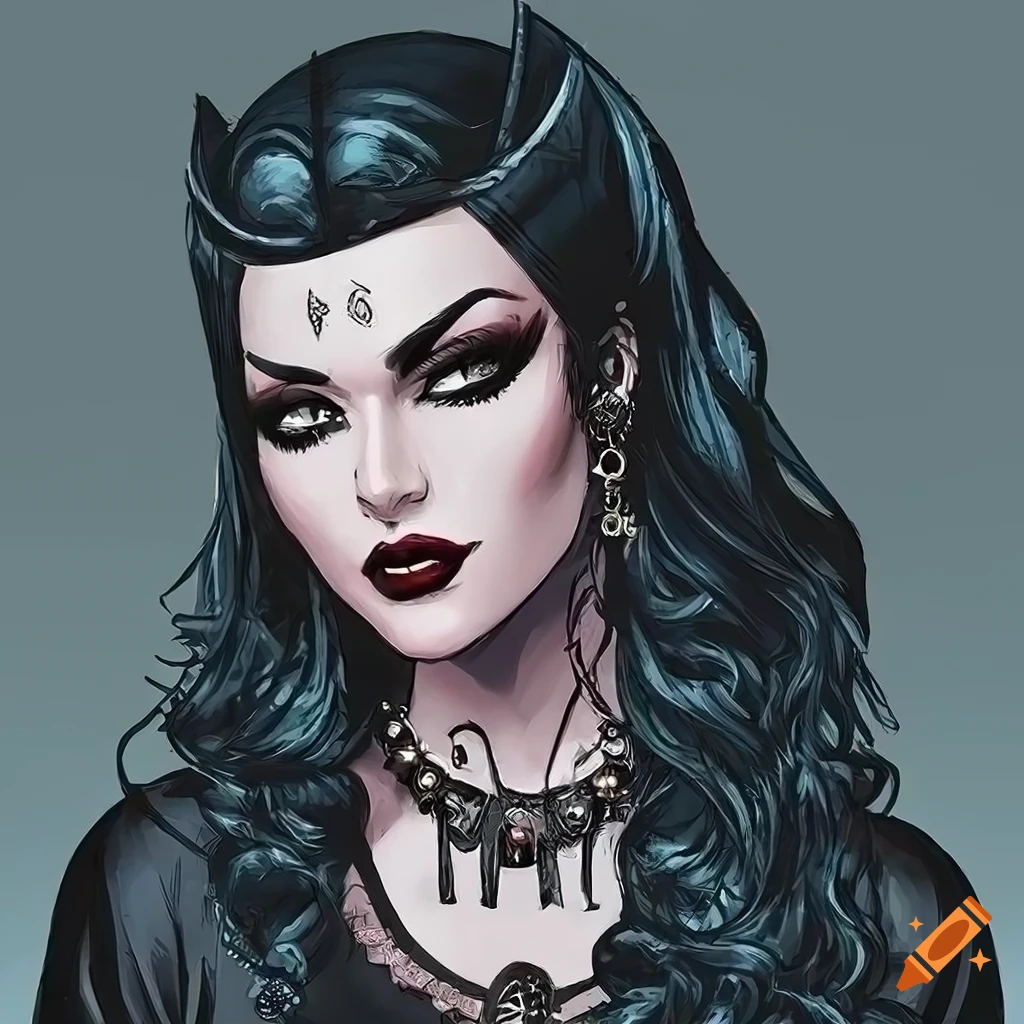 Highly detailed goth girl in DC comic style with black hair and clothing